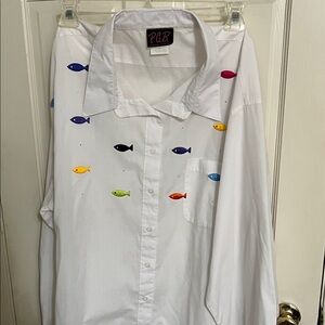 P.G.B. Brand White Button-Up Blouse with Colorful Fish Embroidery